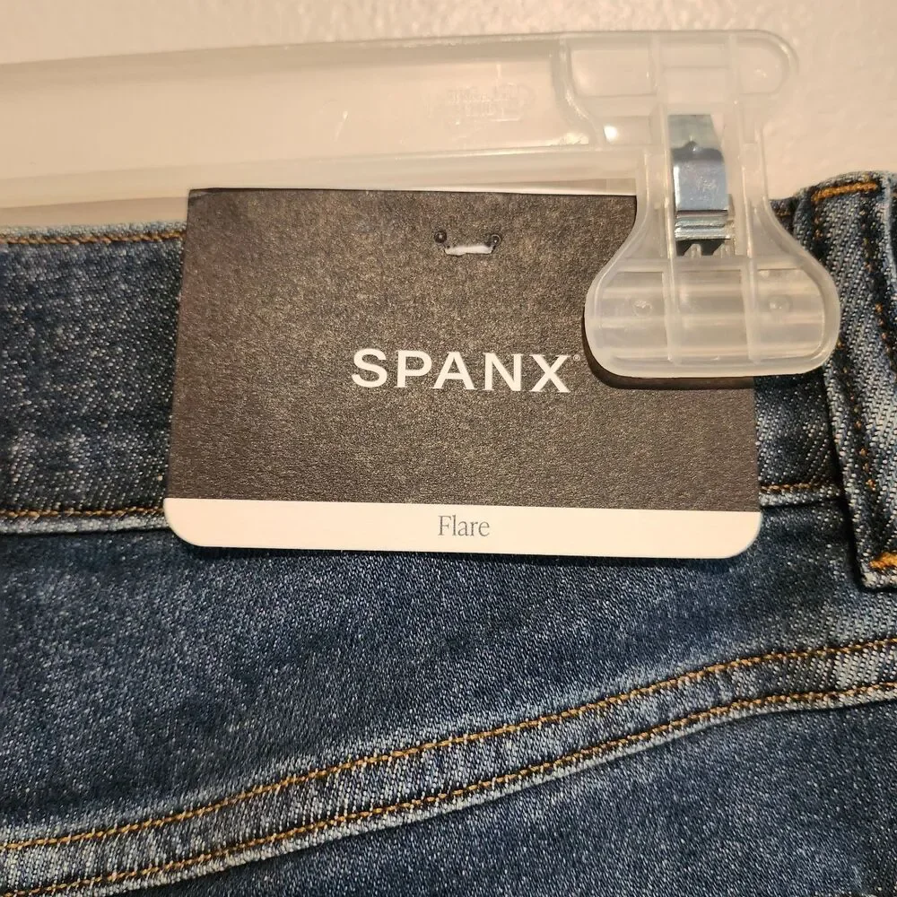 Spanx Womens Stretch Denim Flare Jeans Authentic Blue Size Petite Large NWT